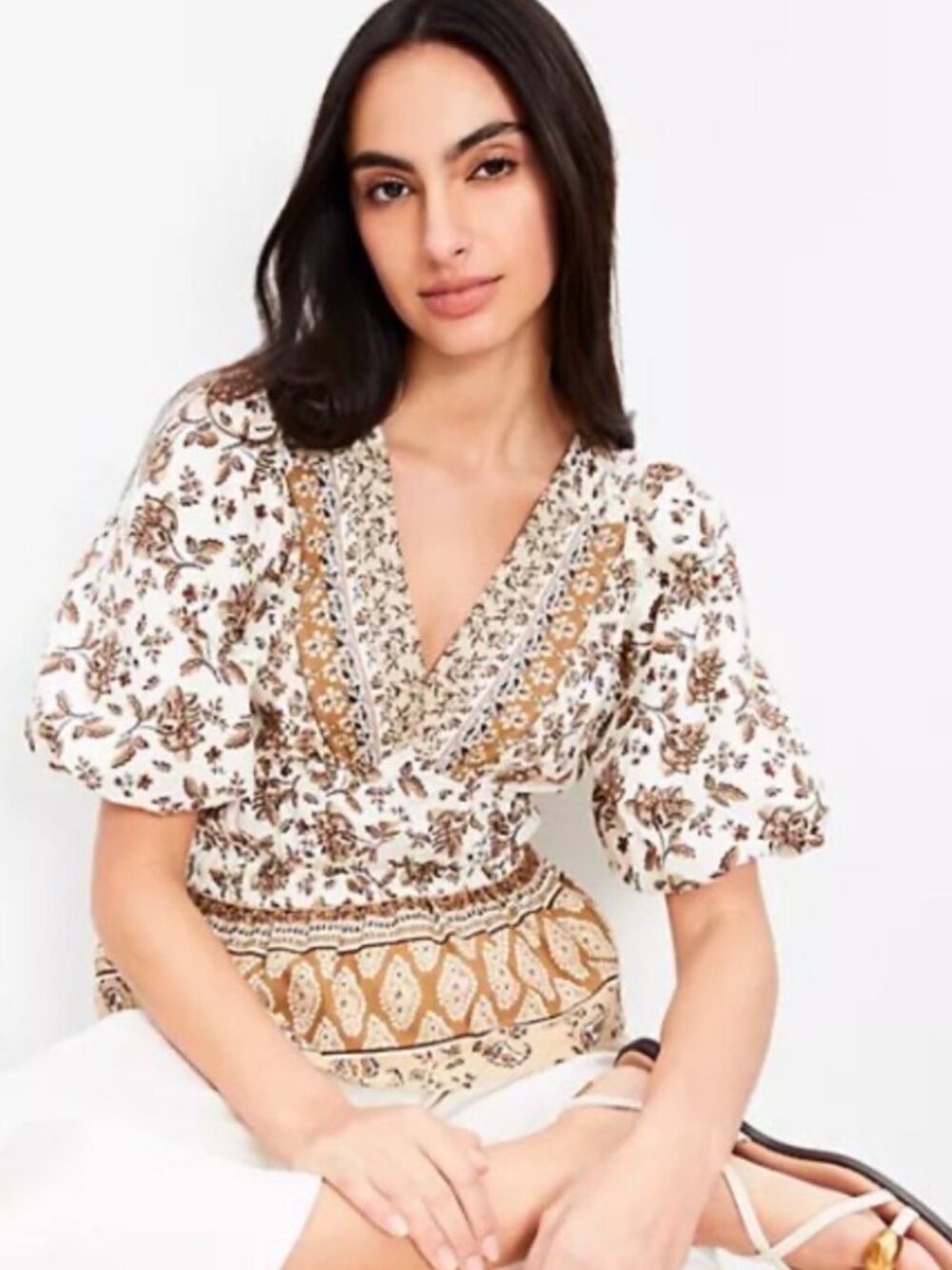 LOFT Floral Brown Cream V-neck Peplum Blouse Top - Size Large